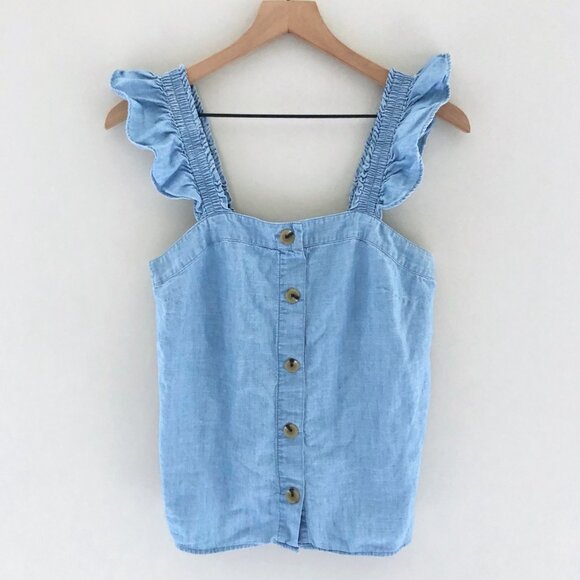 J.Crew Factory Chambray Button-front tank top with ruffle straps - Picture 2 of 5